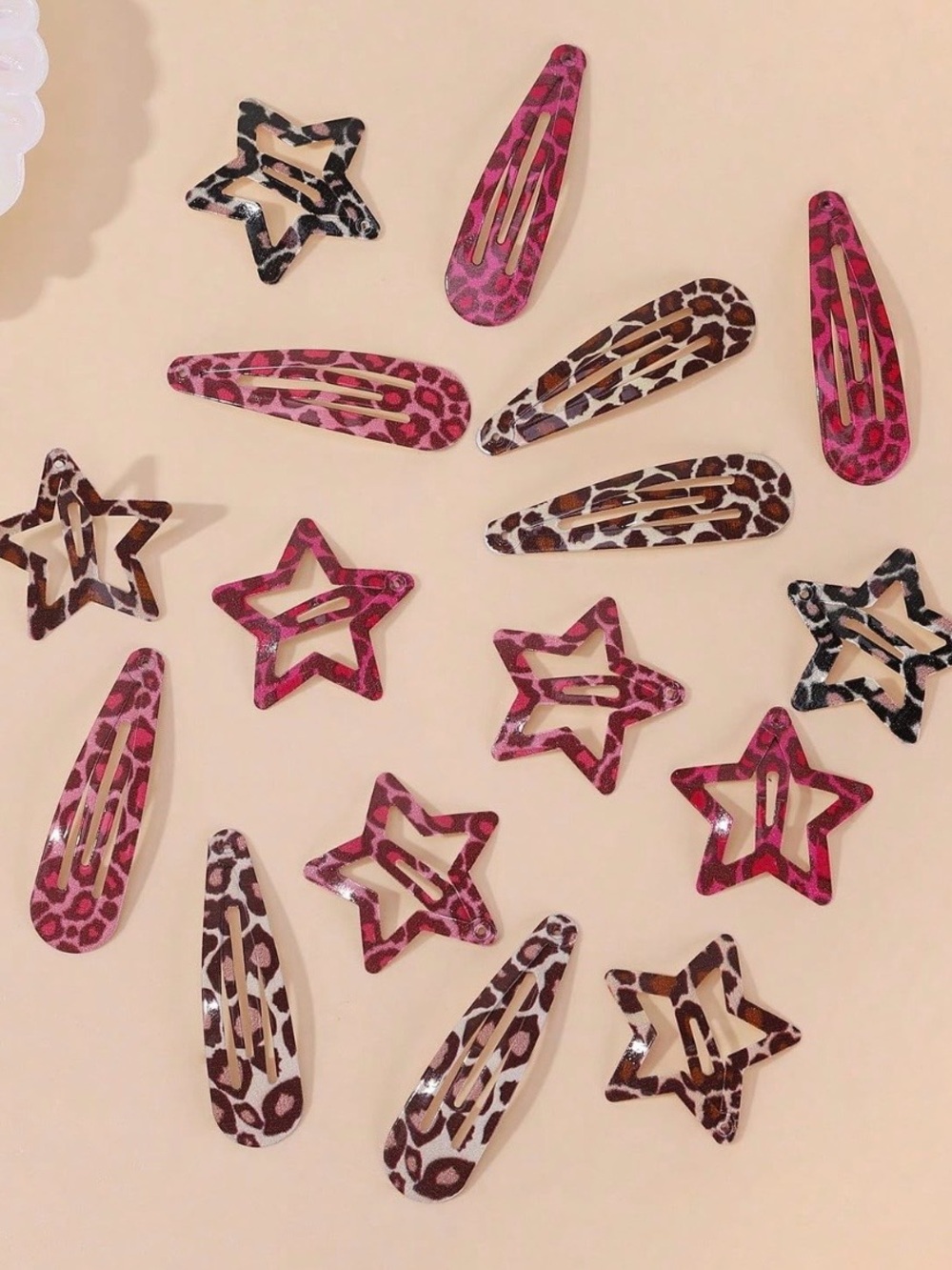 Leopard Print Star & Snap Hair Clip Set - Pink & Brown